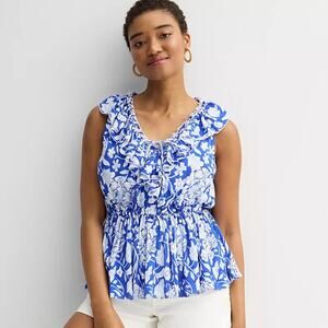 NWT Farmers Market Blue White Floral Ruffled Peplum Top Women's Size Medium